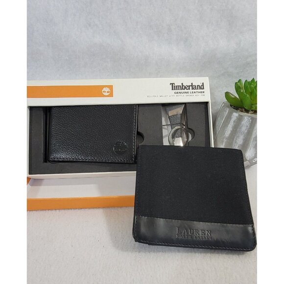 Lot Of‎ 2 Wallets Lauren Ralph Lauren Timberland Black Genuine Leather Billfold - Picture 1 of 11
